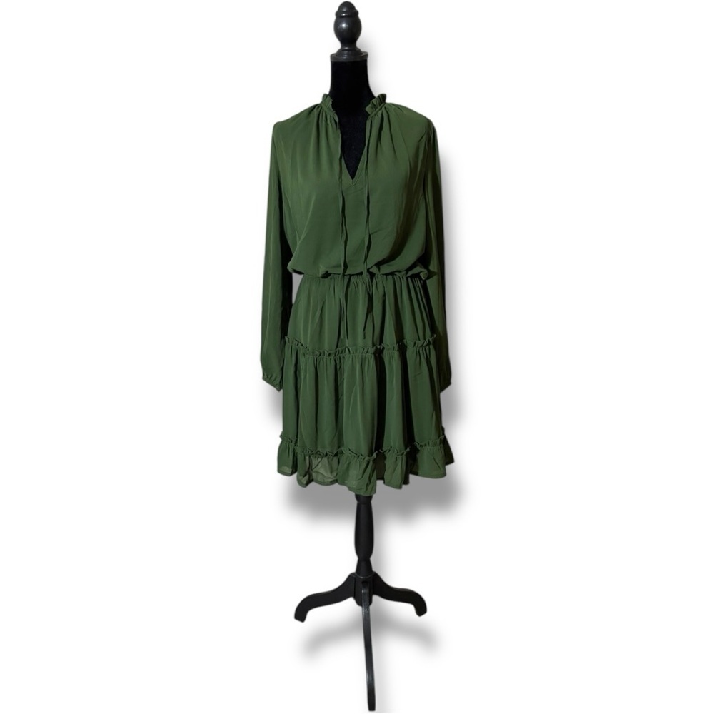 Amazon Army Green Ruffled Tiered V Neck Tie Loose Fit Long Sleeve Mini Sundress - Picture 5 of 16